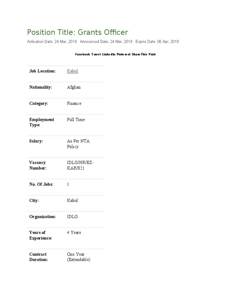 Position Title Grants Officer Job Location PDF Governance