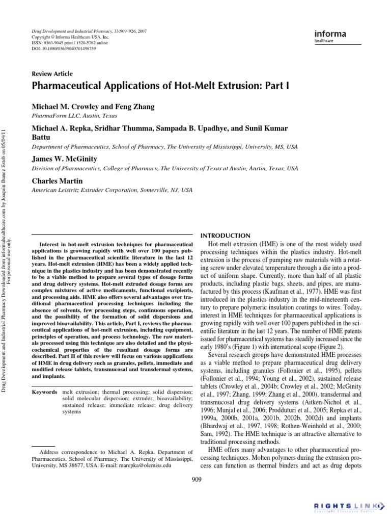 Pharmaceutical Applications Of Hot-Melt Extrusion. Part I | PDF.