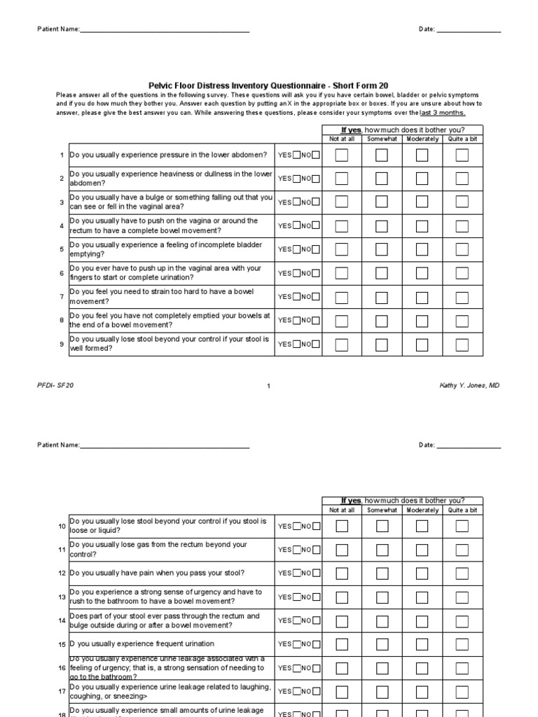 WUC Pelvic Floor Questionnaire PDF Vagina Urinary Bladder