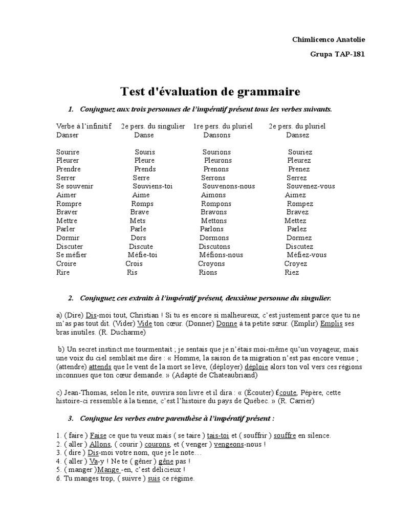 Attendre Imperatif Test Du Grammaire | PDF | Conjugaison | Grammaire
