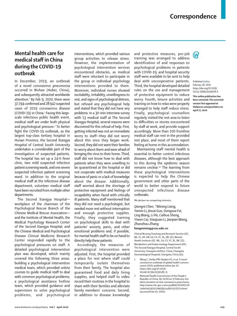 Mental Health Support for COVID-19 Staff | PDF | Infection | Medicine