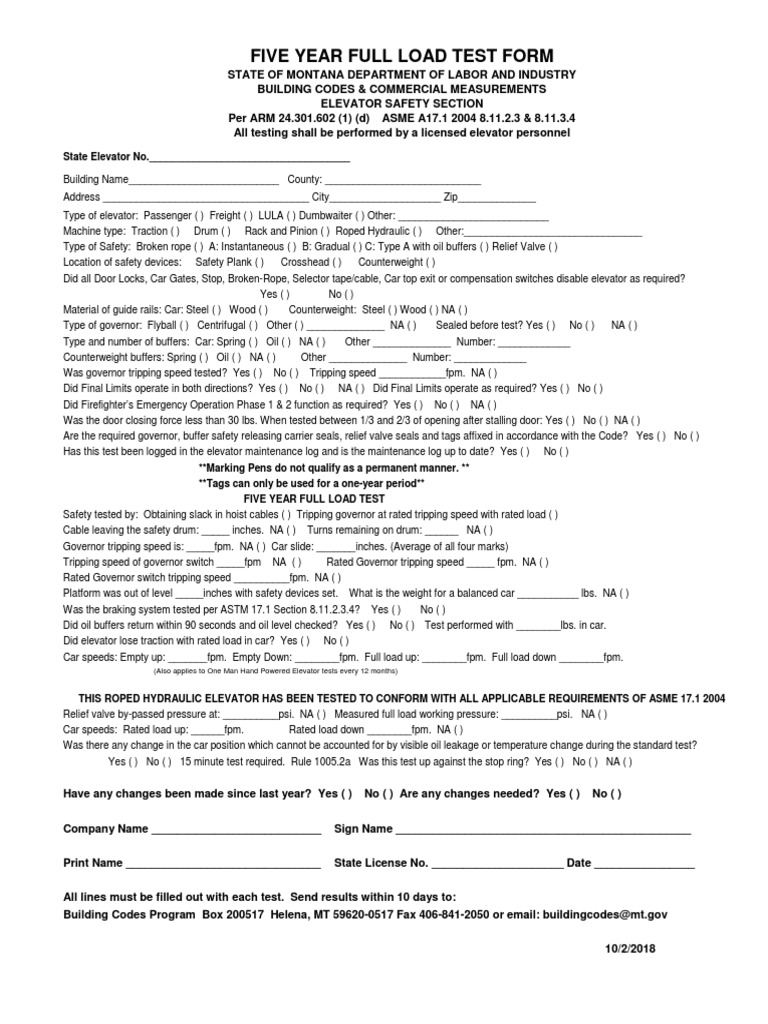 Five Year Elevator Load Test Form | PDF | Elevator | Manufactured Goods