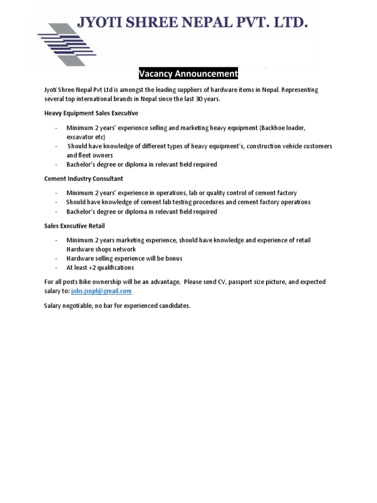 Vacancy Announcement Heavy Equipment Sales Executive Cement Industry