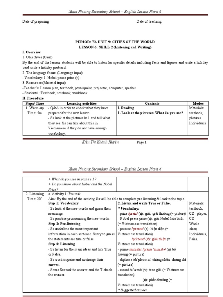 Xuan Phuong Secondary School - English Lesson Plans 6 | PDF | Lesson ...