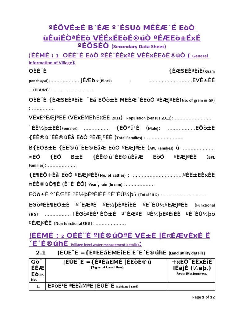 Secondary Data Sheet Wash Sanitation