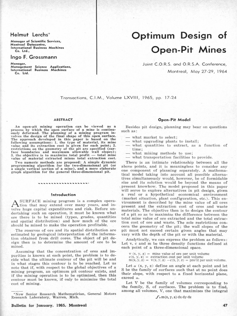 H. Lerchs and I. F. Grossmann 1965 Optimum Design of Open Pit Mines