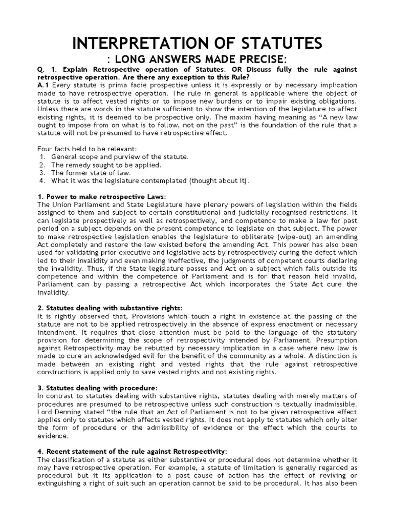 Interpretation of Statutes Question Answers PDF Statutory