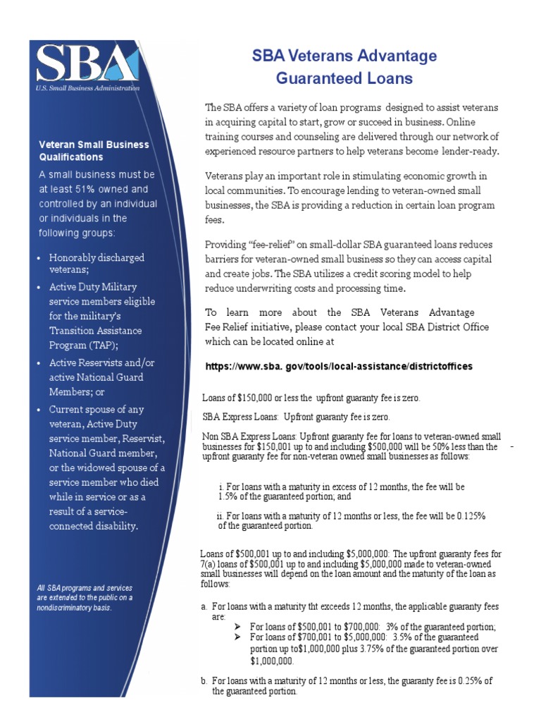 SBA Veterans Advantage Guaranteed Loans Veteran Small Business Qualifications PDF Small
