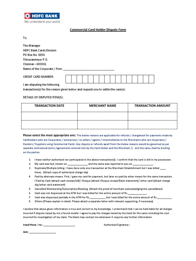 Commercial Card Holder Dispute Form: Please Select The Most Appropriate ...