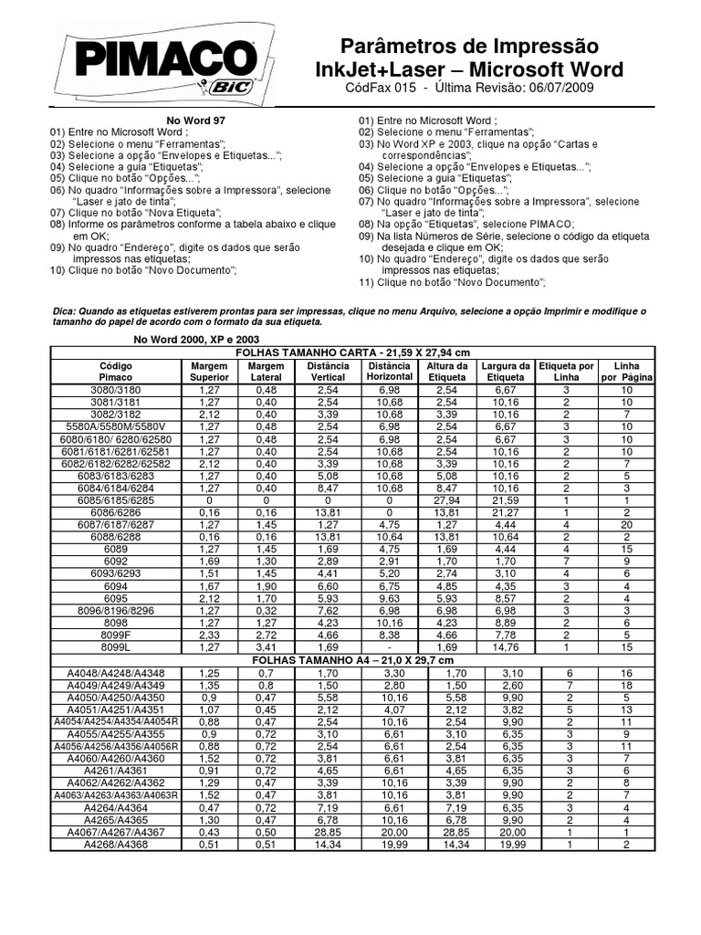 CodFax015 Parametros De Impressao Inkjet Laser Microsoft Word.