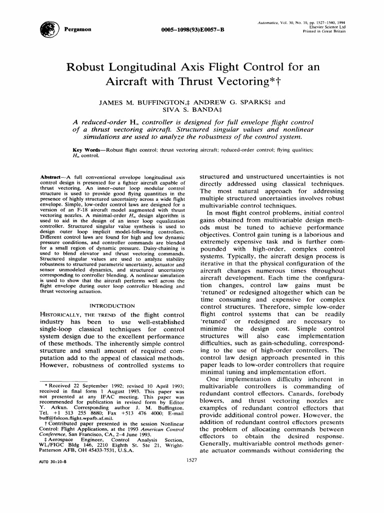 Robust Flight Control for Thrust Vectoring Aircraft | PDF | Control ...