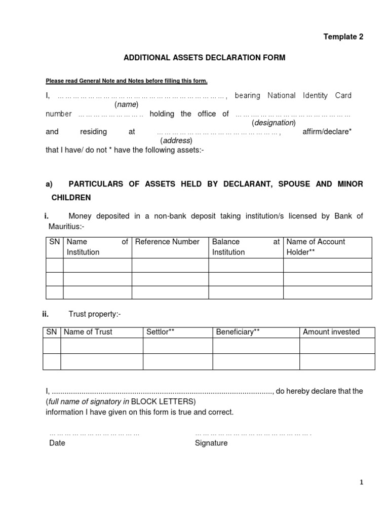 Template 2 Additional Assets Declaration Form Please Read General Note