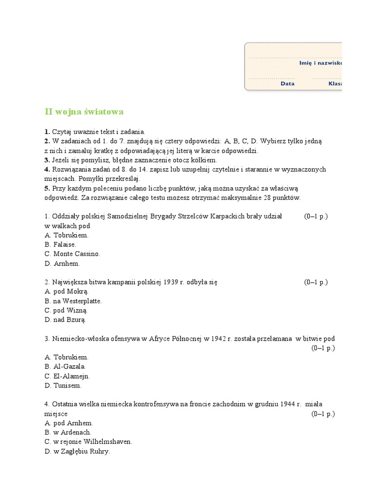 1 Wojna Swiatowa Test I Odpowiedzi