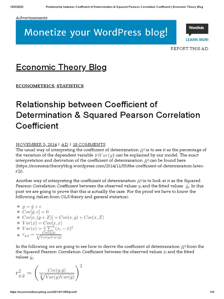 Relationship Between Coefficient of Determination & Squared Pearson ...