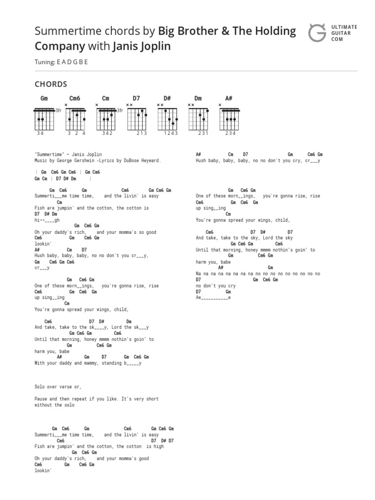 Summertime Chords By Big Brother The Holding Company Performing Arts African American Music