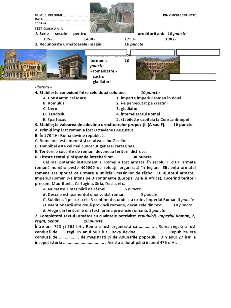 Test Clasa A V A Statul Roman | PDF