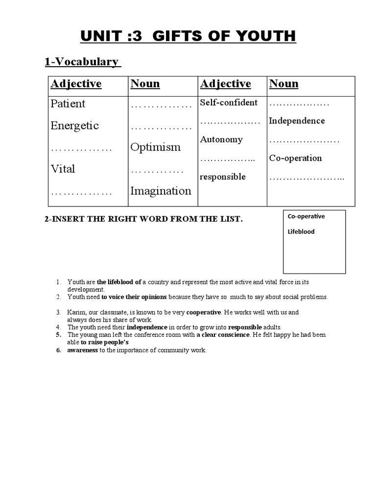 Unit3 Gifts of Youth 1Vocabulary Adjective Noun Adjective Noun PDF