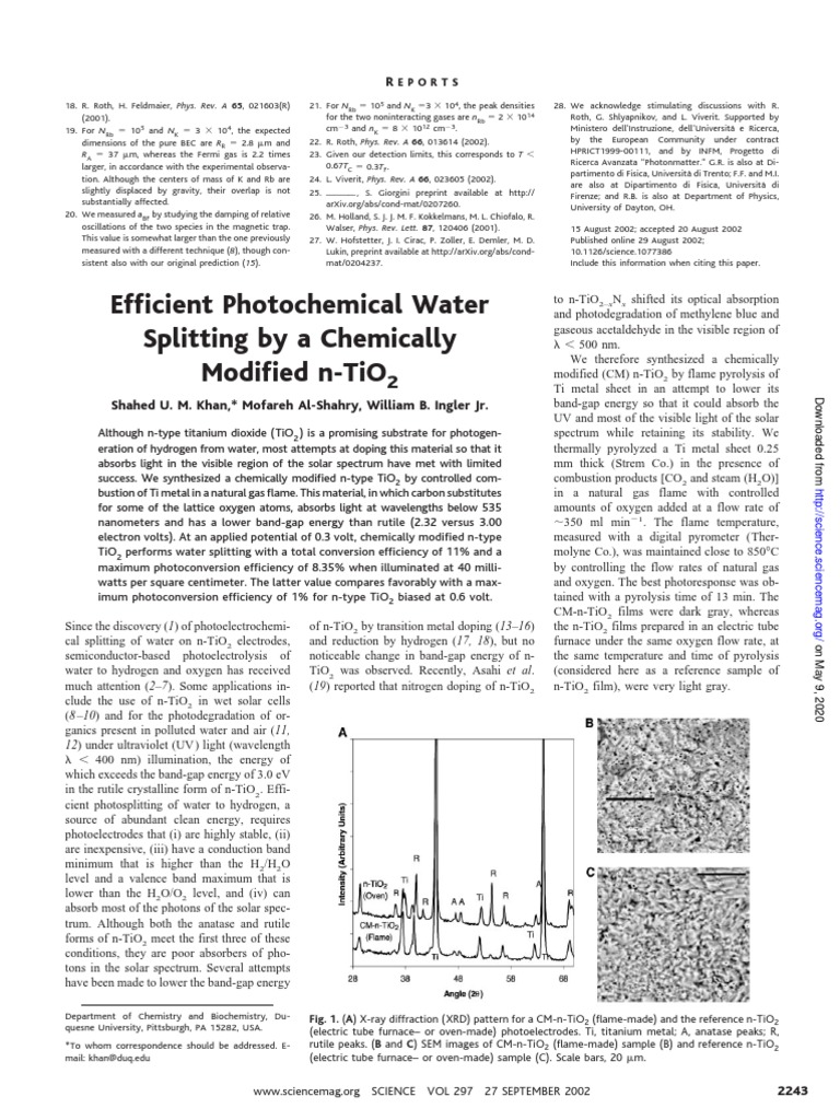 Efficient Photochemical Water Splitting by A Chemically Modified N-Tio ...