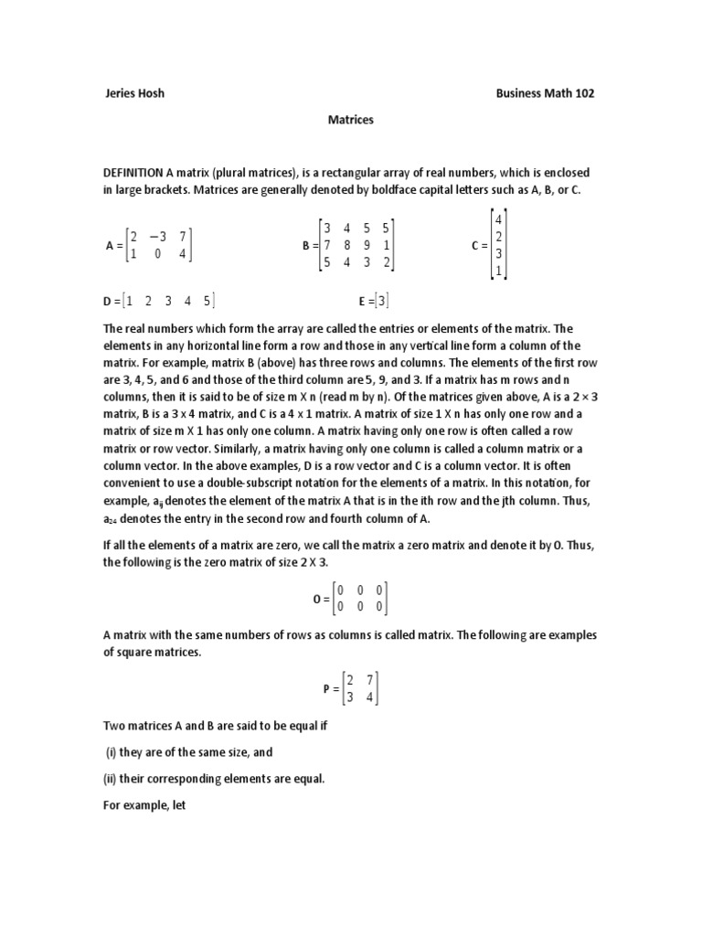 Jeries Hosh Business Math 102 Matrices | PDF | Matrix (Mathematics ...