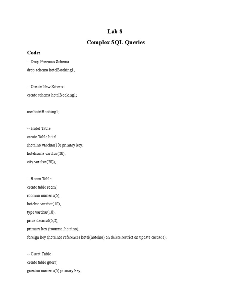 Lab 8 Complex SQL Queries: Code | Download Free PDF | Hotel ...