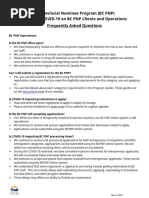 BC Provincial Nominee Program (BC PNP) Impact of COVID-19 On BC PNP Clients and Operations Frequently Asked Questions