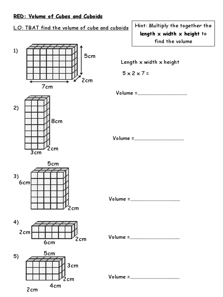 RED: Volume of Cubes and Cuboids Length X Width X Height To | PDF ...