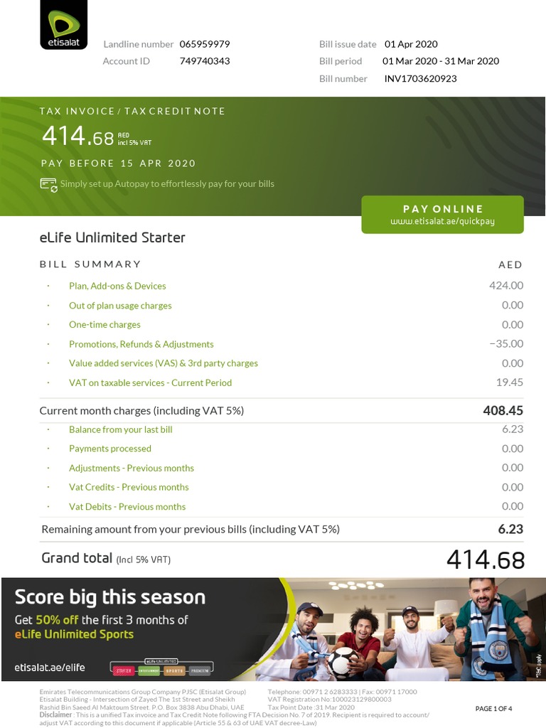 Elife Unlimited Starter Landline Number Bill Issue Date Account Id