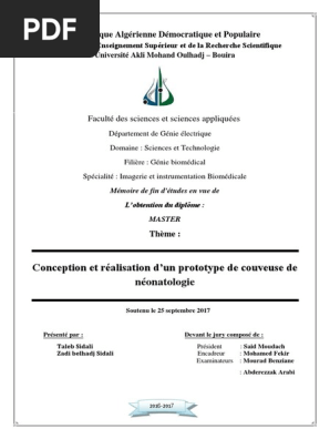 Memoire De La Realisation De La Couveuse Master2 Iib Zt2s Taleb Zadi Pdf Pdf Enfant Premature Medecine De Soins Intensifs