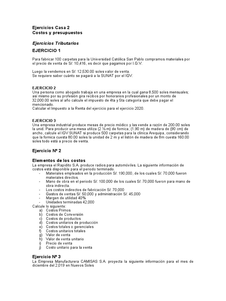 Ejercicios de Costos y Tributación Empresarial | PDF | Costo | Estado ...