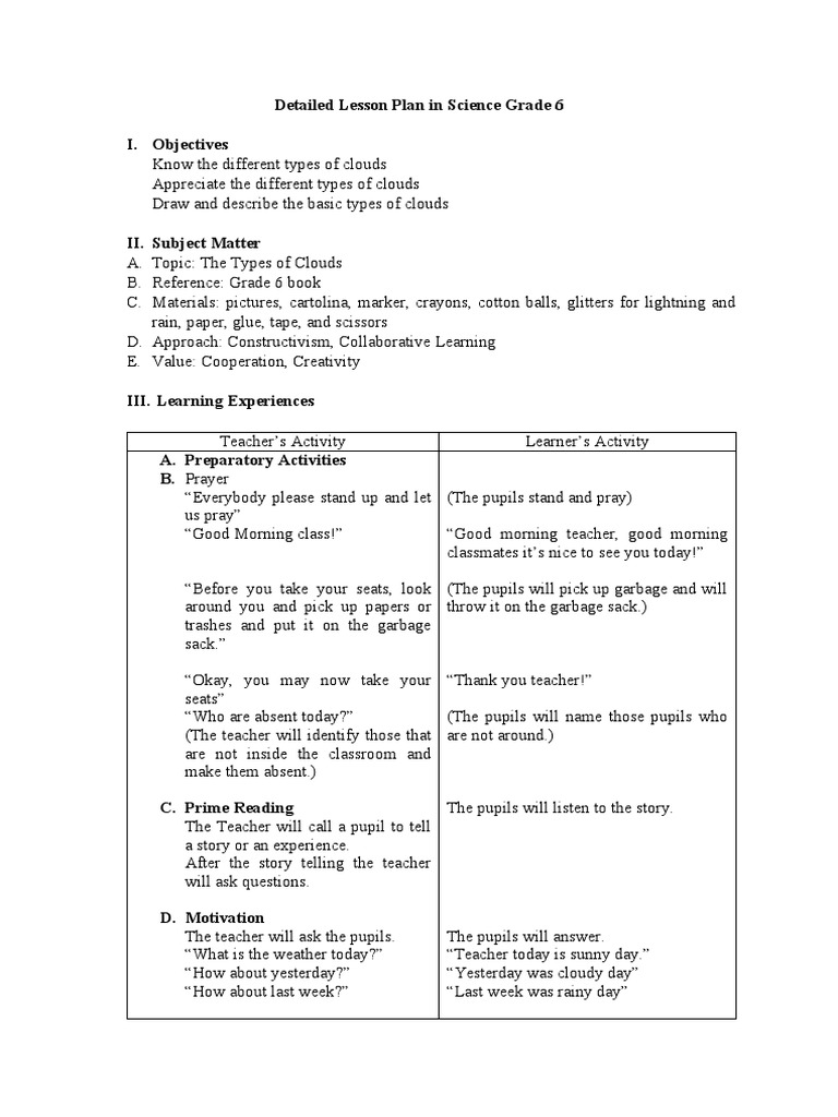 Detailed Lesson Plan In Science Vi Pdf Cloud Behavior Modification