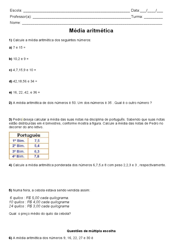 Exercícios 6 º ano-Matemática-Média Aritmética | PDF