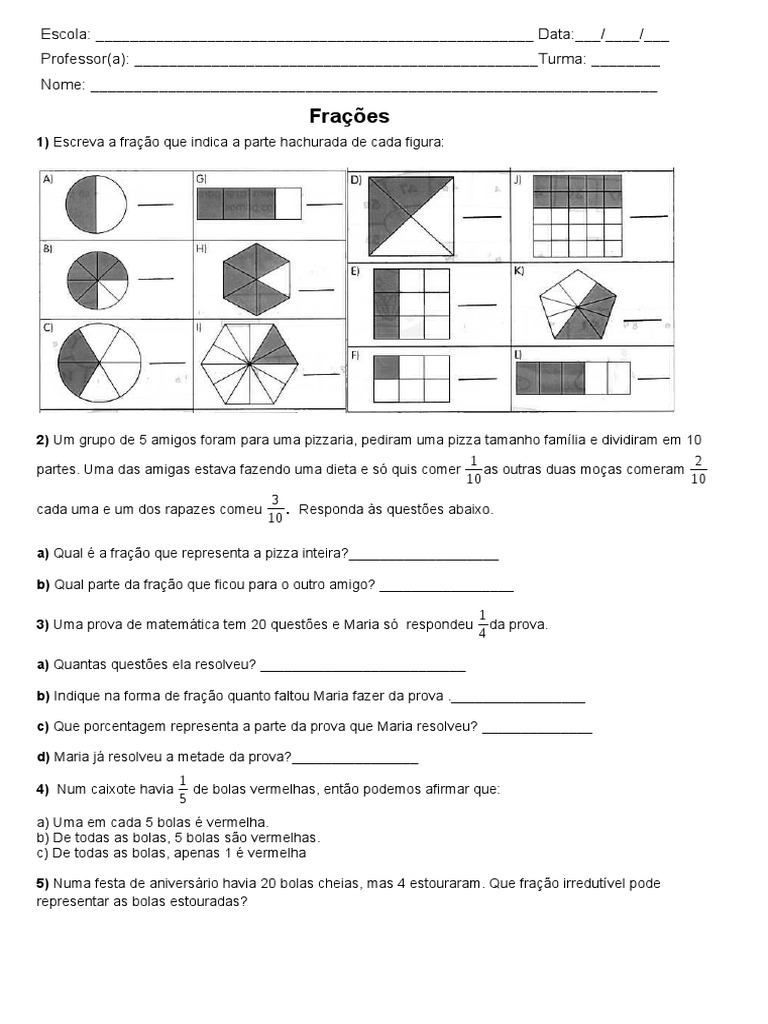 Exercícios 6 º ano-Matemática-Frações, PDF, Fração (Matemática)