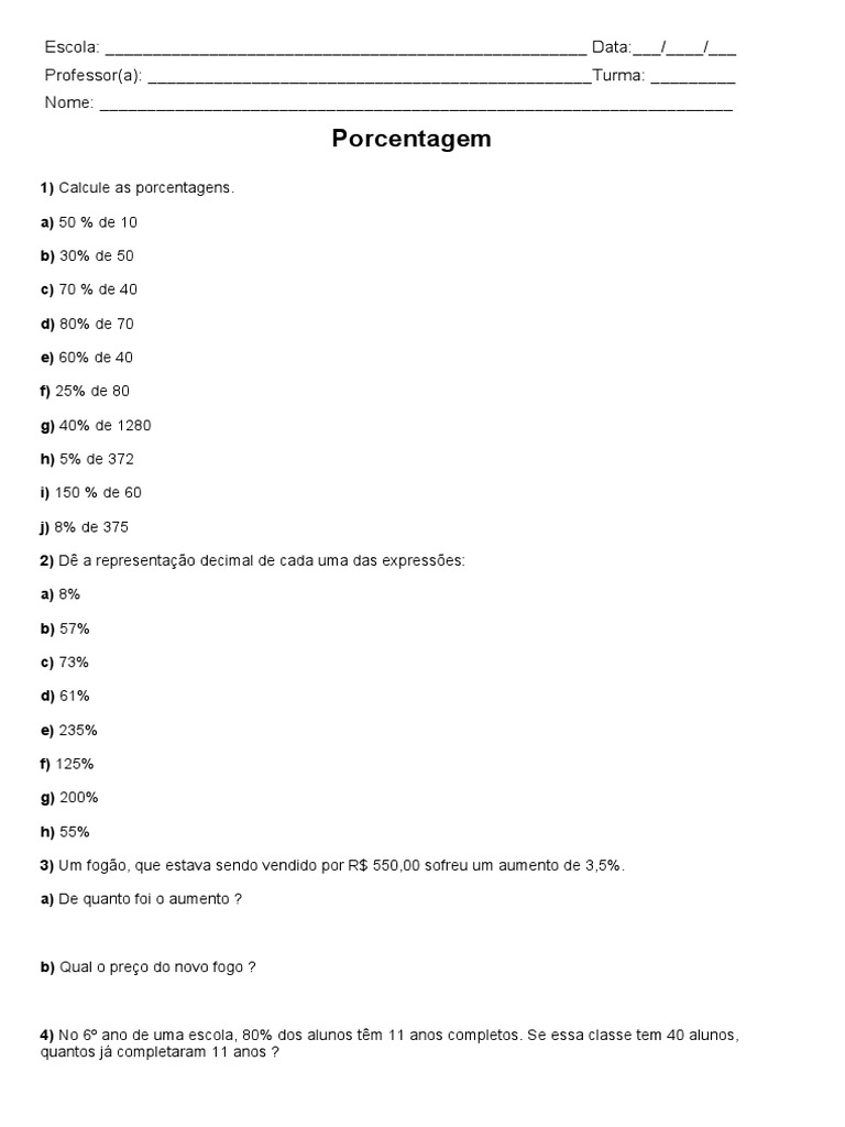 Exercícios 6 º ano-Matemática-Porcentagem | PDF | Lazer | Business