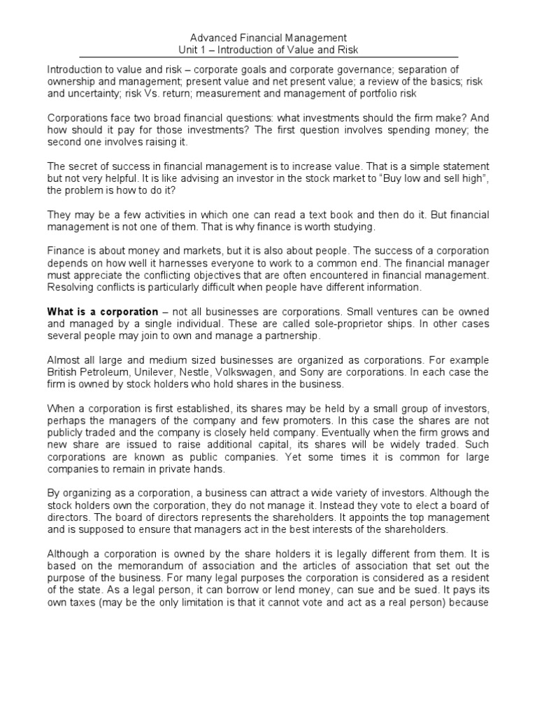 FM Unit 1 | PDF | Corporate Governance | Governance