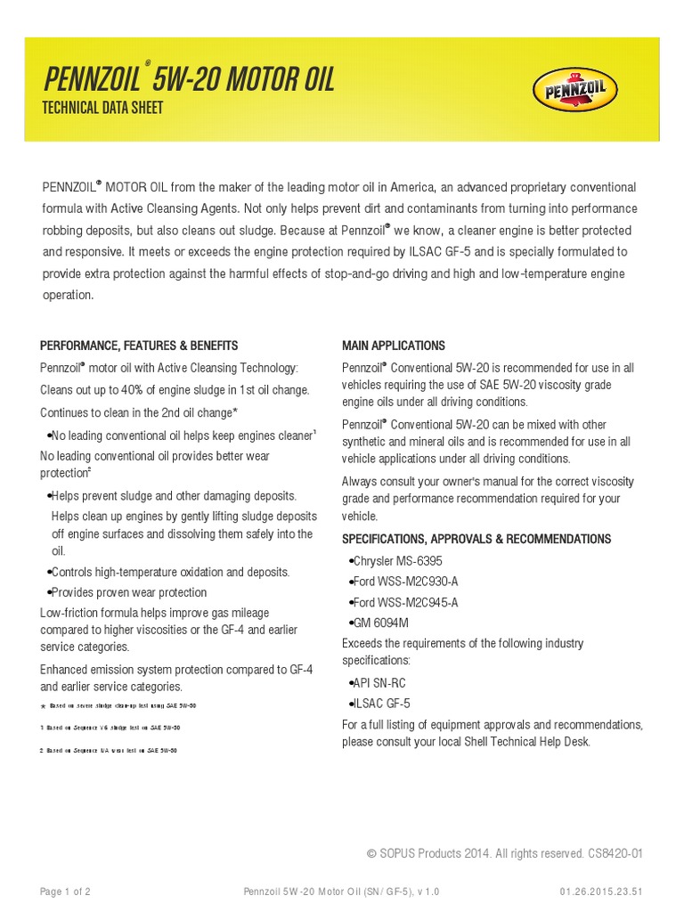 Pennzoil 5W-20 Motor Oil: Technical Data Sheet | PDF | Motor Oil | Oils