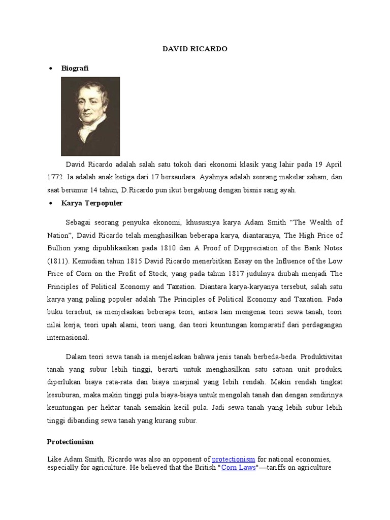 Teori Ekonomi David Ricardo dan Karya-karyanya | PDF
