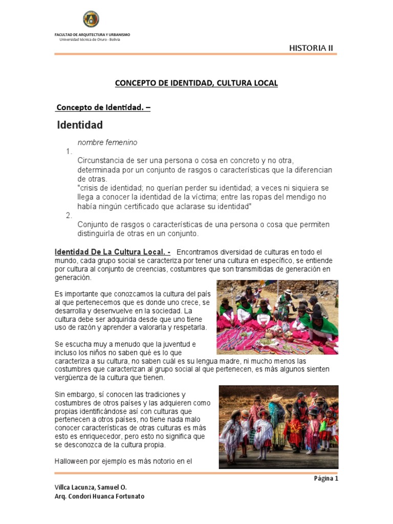 Concepto de Identidad, Cultura Local | PDF | Bolivia | Tradiciones