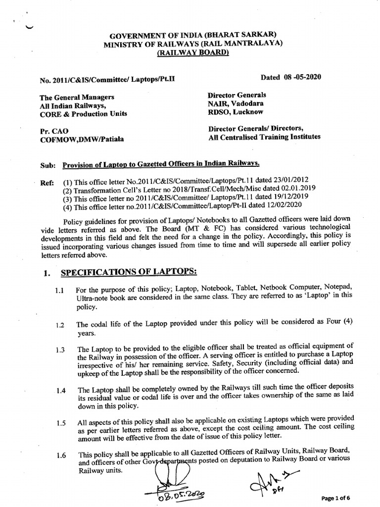 Provision of Laptop To Gazetted Officers in Indian Railways - 080520 ...