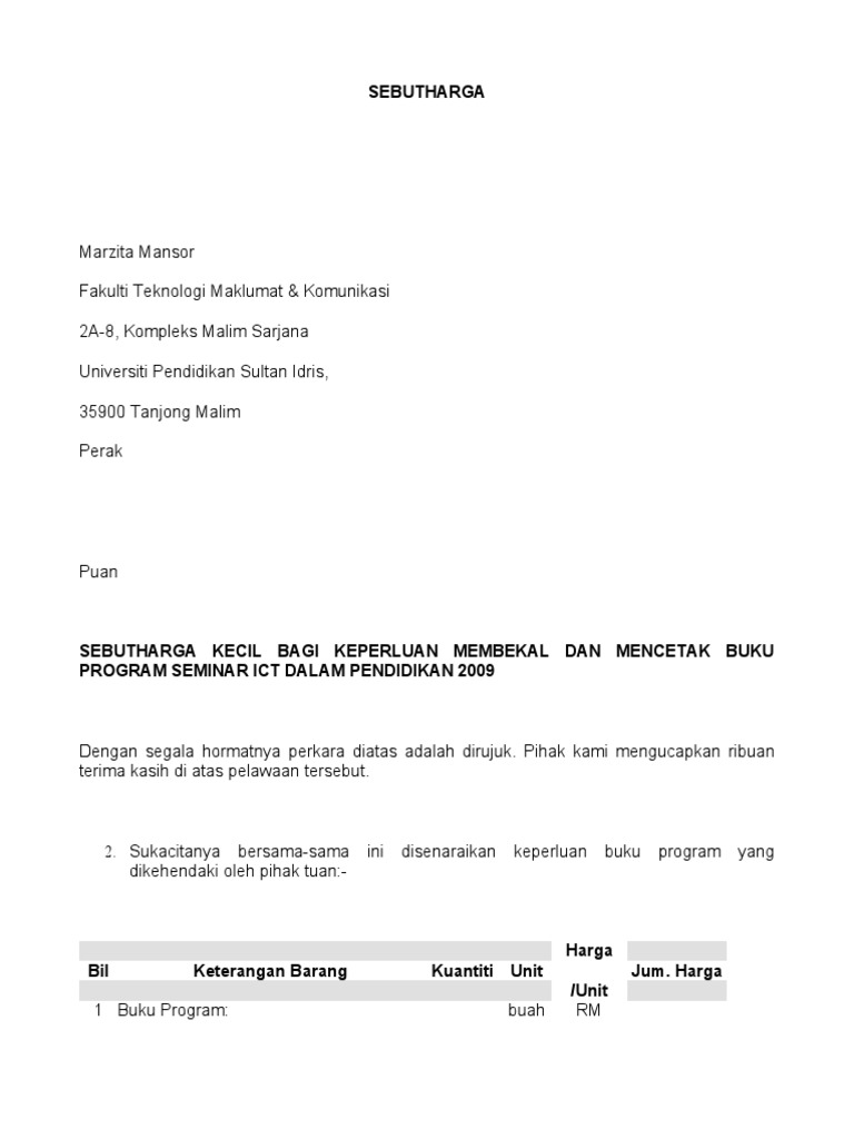 Contoh Surat Permohonan Contoh Surat Permohonan Harga Barang