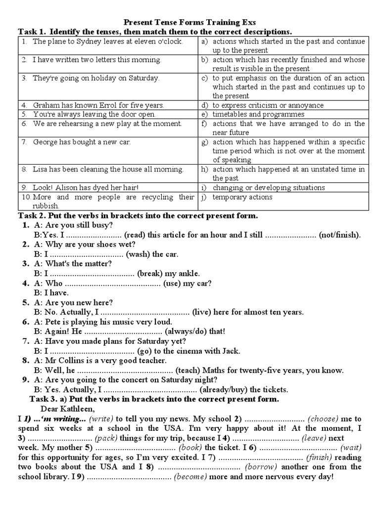 Present Tense Forms Training Exs PDF Grammatical Tense Linguistic