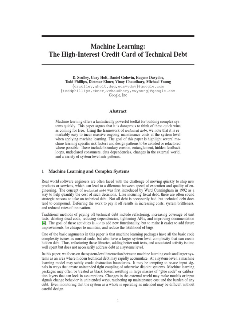Machine Learning The HighInterest Credit Card of Technical Debt PDF Machine Learning