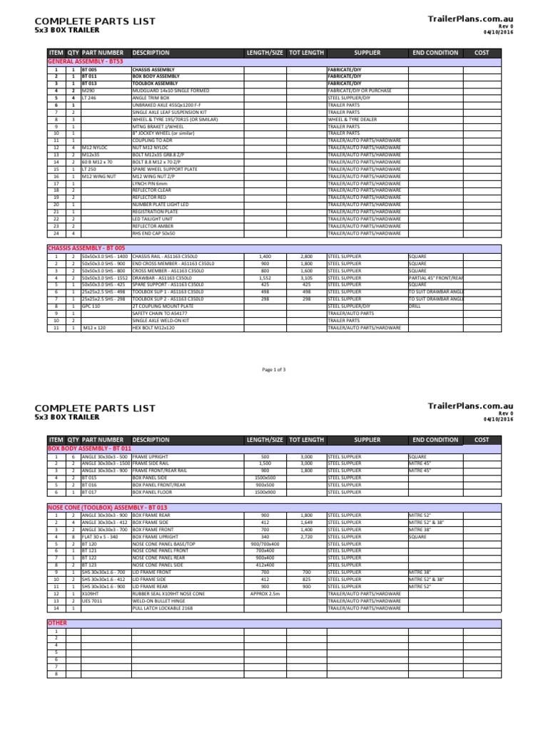 PARTS & MATERIAL CUT LIST - 5x3 BOX TRAILER | PDF | Trailer (Vehicle) | Car