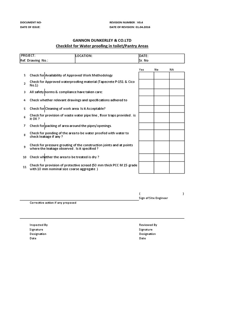 Toilet Waterproofing Checklist | PDF | Technology & Engineering