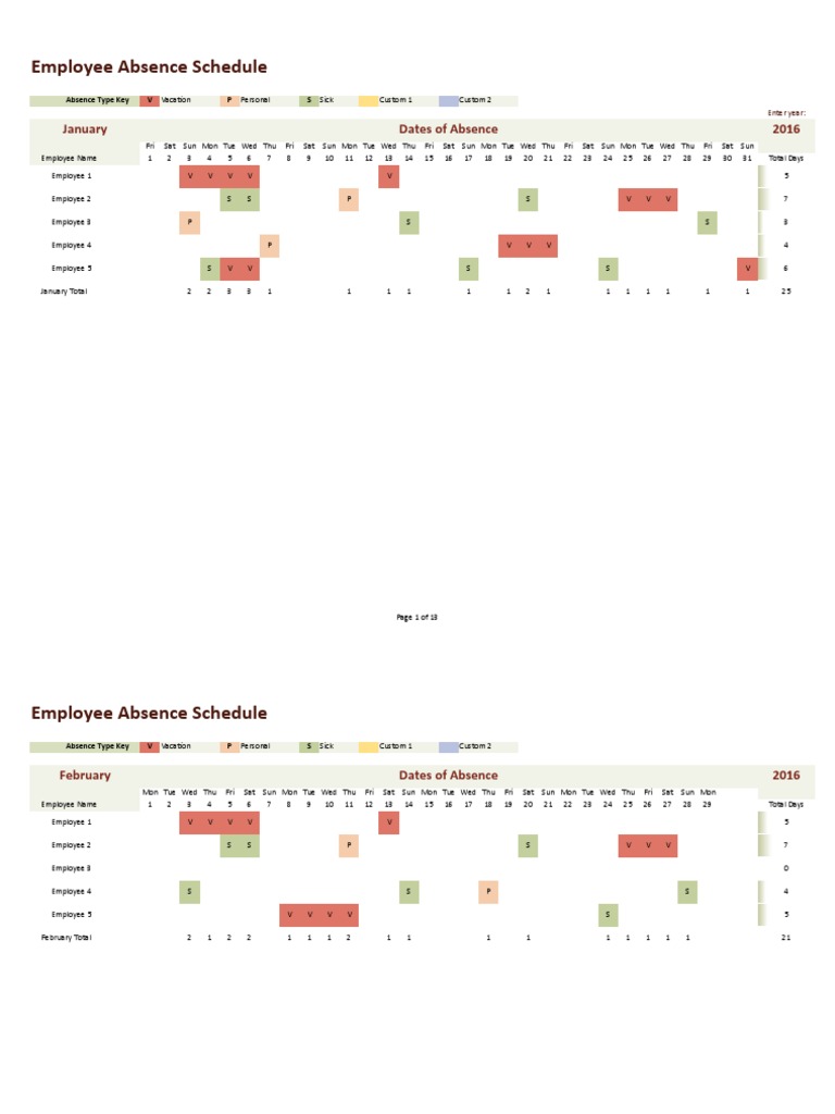 Employee Absence Schedule 2016 | PDF | Vacation | Workplace