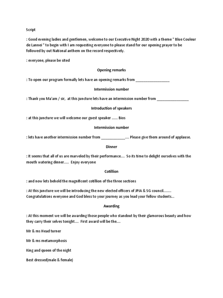 Executive Night 2020 Event Script | PDF | Cooking, Food & Wine | Home ...