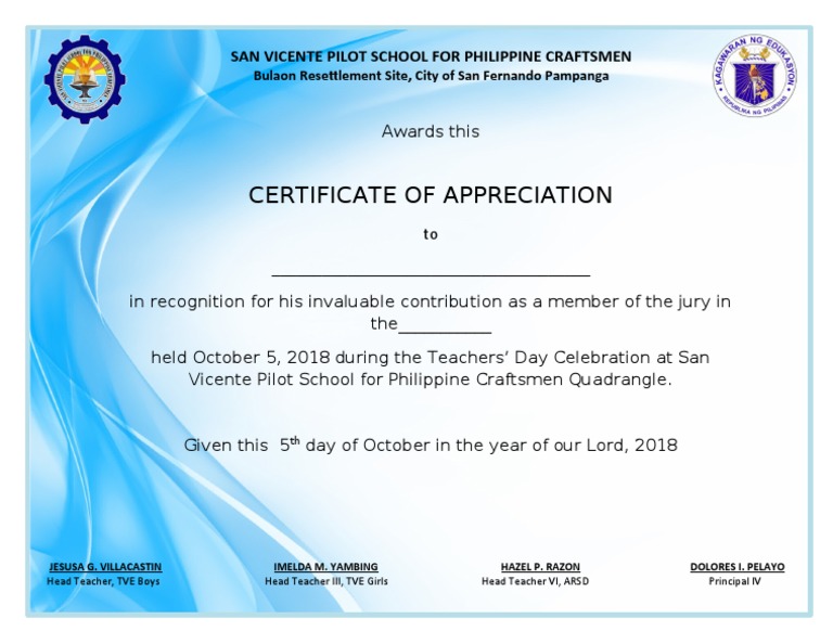 certificate of appreciation sample for judges