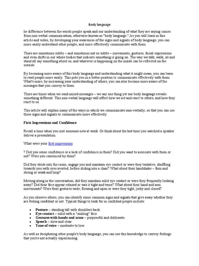 First Impressions And Confidence Pdf Body Language Nonverbal