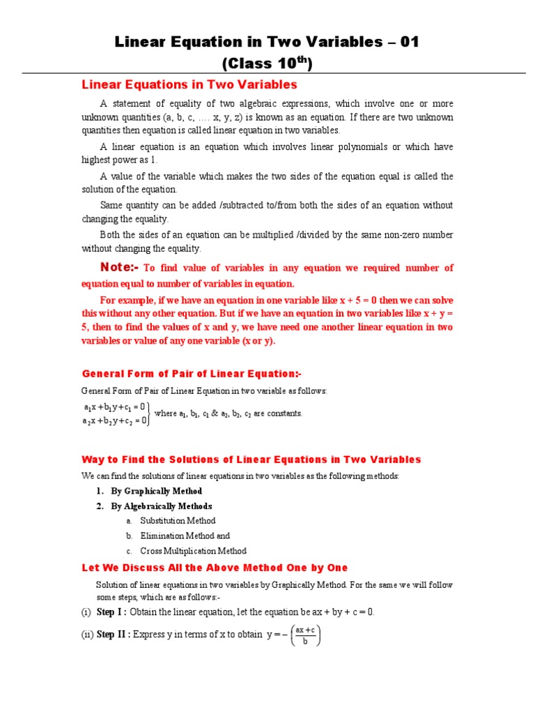 Linear Equation in Two Variables - 1 | PDF | Variable (Mathematics ...