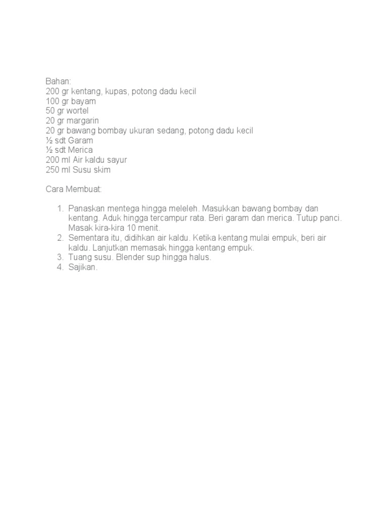 Resep Sup Krim Kentang Bayam Makanan Cair Penuh | PDF