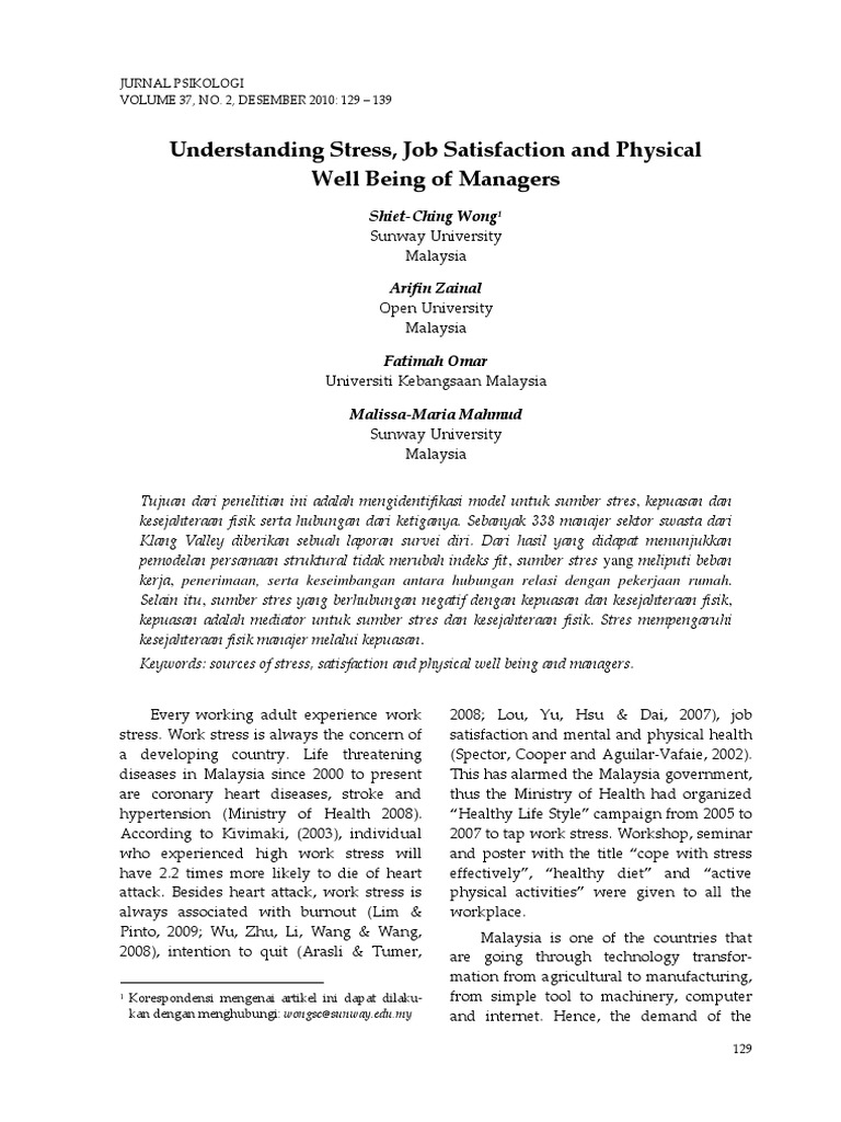 Understanding Stress, Job Satisfaction and Physical Well Being of ...